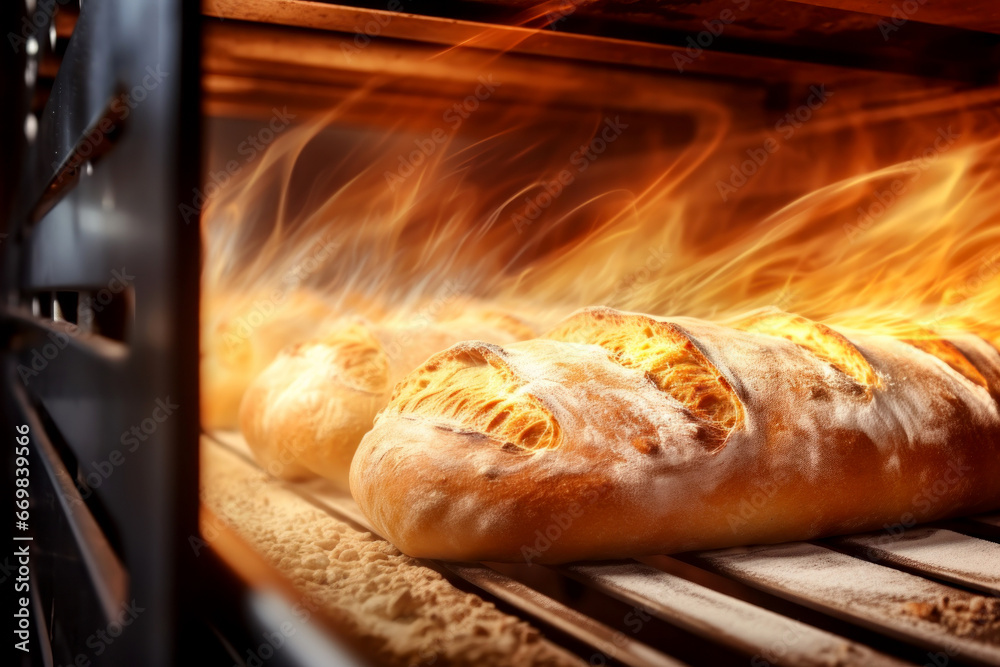 Bread in the oven at a bakery. Production and baking of fresh bread. Industrial furnace. Baking bread. Fire, smoke and steam. Close-up. Bread in the oven at a bakery. Production and baking of fresh bread. Industrial furnace. Baking bread. Fire, smoke and steam. Close-up.