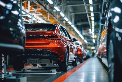 Assembly line for the production of modern cars. The final stage of assembly and testing during production. Quality control. Automated assembly. Modern technologies.