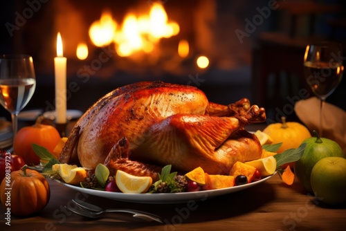 A classic Thanksgiving with turkey, stuffing, Festive table for Thanksgiving Holiday