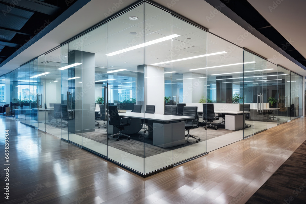 Sleek corporate office with modern workstations, glass partitions, and a contemporary design