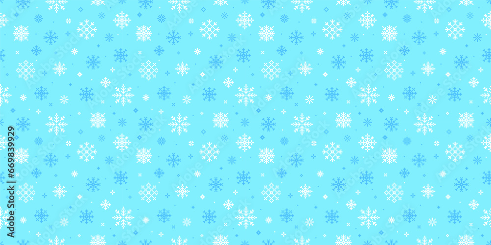 Pixel Art Snow and Snowflakes Seamless Background Pattern. Horizontal Wallpaper with Retro 8bit Christas Winter Holidays Snow Decorations. 