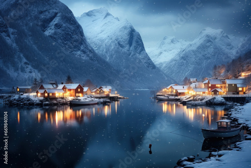 A snow-covered village in the mountains with festive Christmas twinkling lights. New Year's cozy evening under the moon