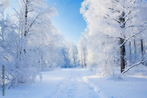 Winter fairytale forest landscape. Trees covered with snow, Fluffy snow on the trees in the forest. Winter forest trail