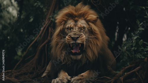 Lion roaring amid tangled woods.