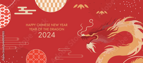 2024 Chinese New Year Banner. Year of the Dragon Card Template Design with Asian Dragon and Geometric Oriental Background. Traditional Japanese Patterns. photo