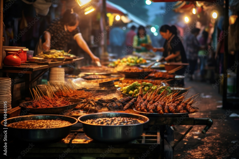 Asian Street food market with a chef cooking noodles