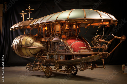 Steampunk airship with brass fittings, leather upholstery, and propellers
