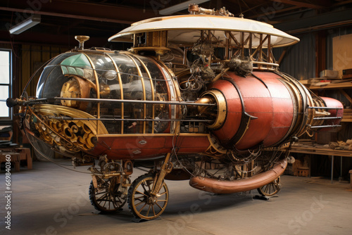 Steampunk airship with brass fittings, leather upholstery, and propellers photo