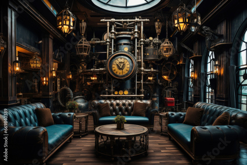 Steampunk-themed lounge with industrial machinery, gears, and Victorian aesthetics