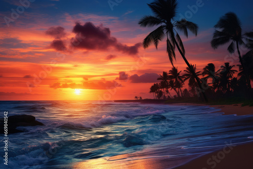 Sunny beach sunset with palm trees 