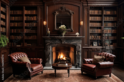 Traditional library with mahogany bookshelves, a fireplace, and leather armchairs