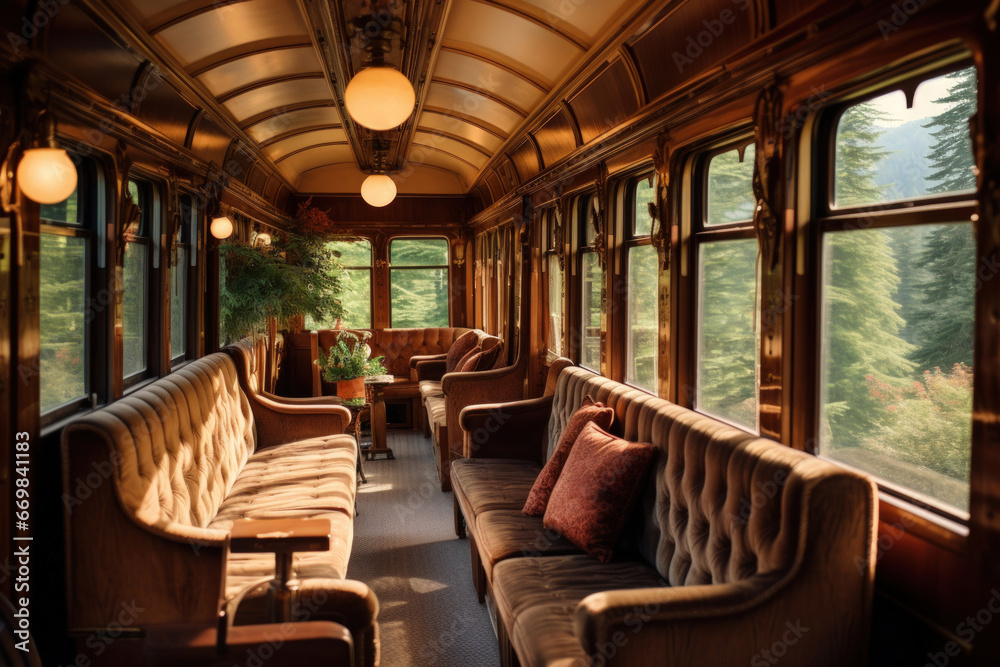 Vintage railway car with plush seats, mahogany accents, and scenic views from the windows