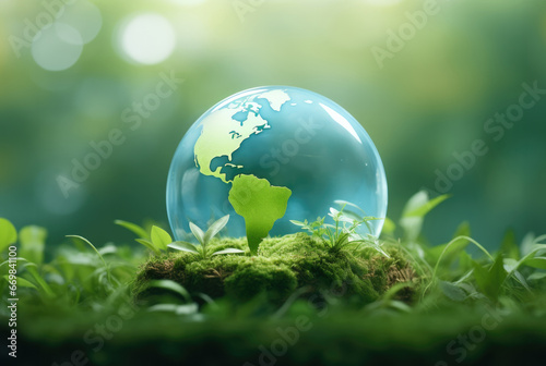 Glass transparent globe on green moss on forest background © Alina Zavhorodnii