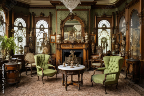 Victorian-era drawing room with antique furniture and ornate wallpaper