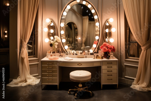 Vintage Hollywood-style dressing room with a vanity table, makeup, and theatrical lighting