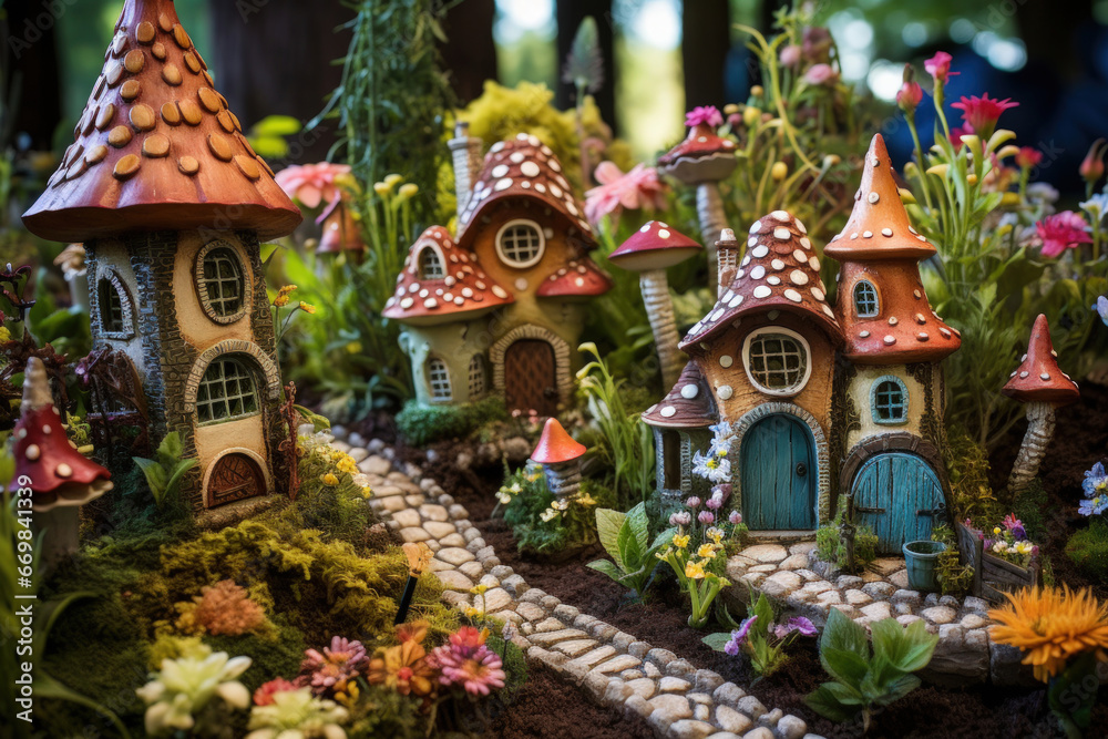 Whimsical fairy garden with miniature cottages, magical creatures, and enchanting flora