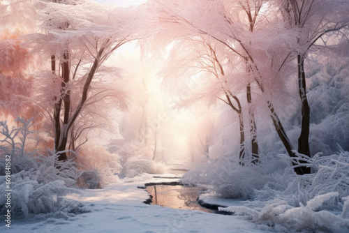Fairytale winter forest. Calm snowy picture. New Year's Coziness