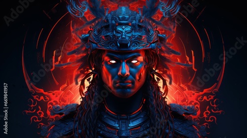 Illustration of the grim face of the Japanese samurai army, scary and evil