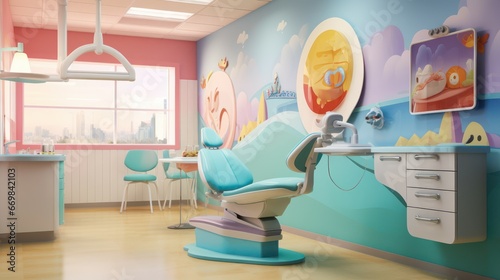 The interior design features a fun children's dentist room photo