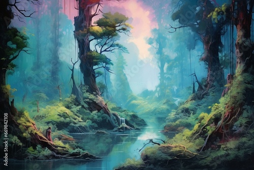 Dreamlike forest scenery with surreal landscapes and vibrant oil paintings on canvas. Generative AI