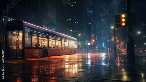 Public bus at Glistening City Streets Under Rainy Night with Illuminated Buildings and Reflective Pavement
