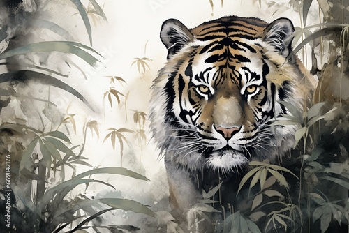 Traditional Japanese ink painting of a tiger surrounded by bamboo  digitally reproduced on canvas. Generative AI