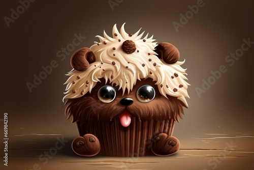 Amusing animal muffin, adorable cupcake character, chocolate and cream muffin, digital artwork. Generative AI