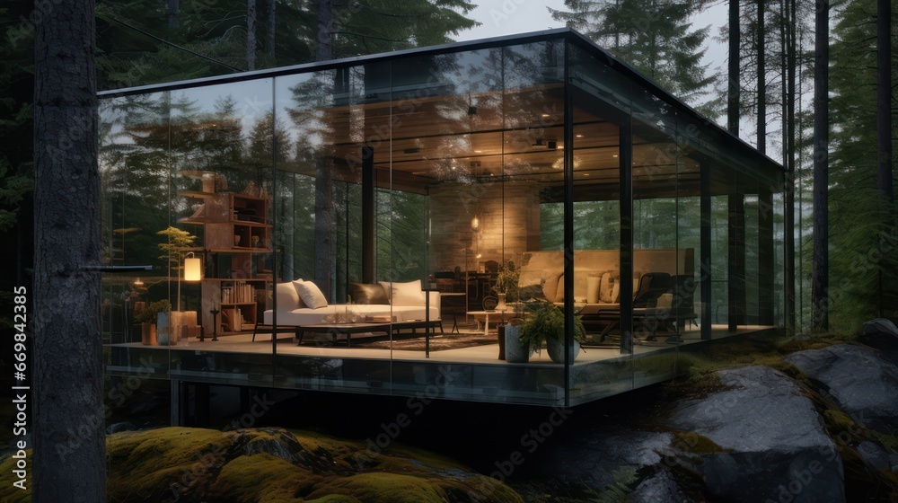 Modern glass outdoor cabin in the middle of natural forest