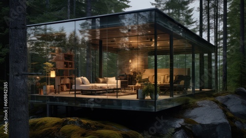Modern glass outdoor cabin in the middle of natural forest © Muamanah