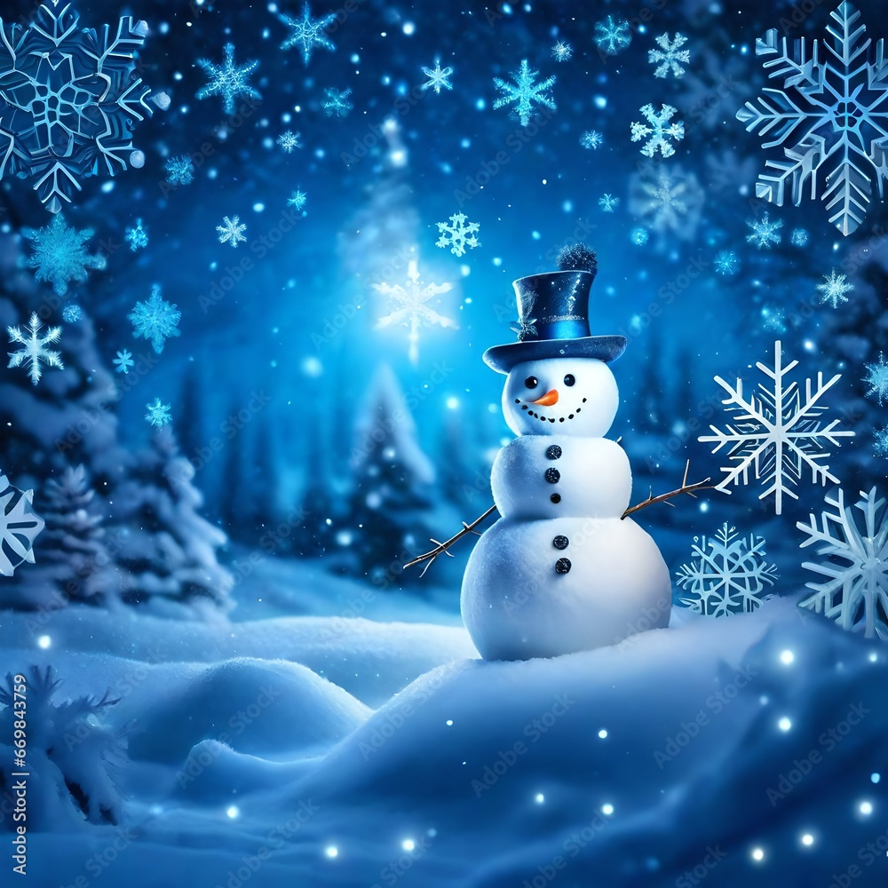A  cute snowman in the middle of winter with snow and snowflakes all around. There is a blue color cast to the landscape.