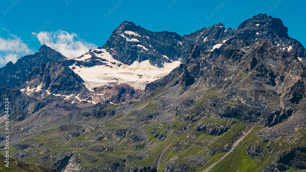 Alpine summer view at Sylvretta reservoir, Sylvretta-High-Alps-Street, Bielerhoehe, Vorarlberg, Tyrol, Austria