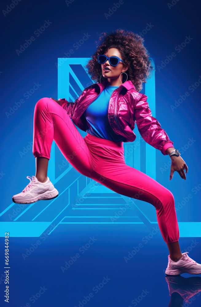Portrait of smiling girl in white sneakers dancing on pink background. Gorgeous dancing female model jumping in studio