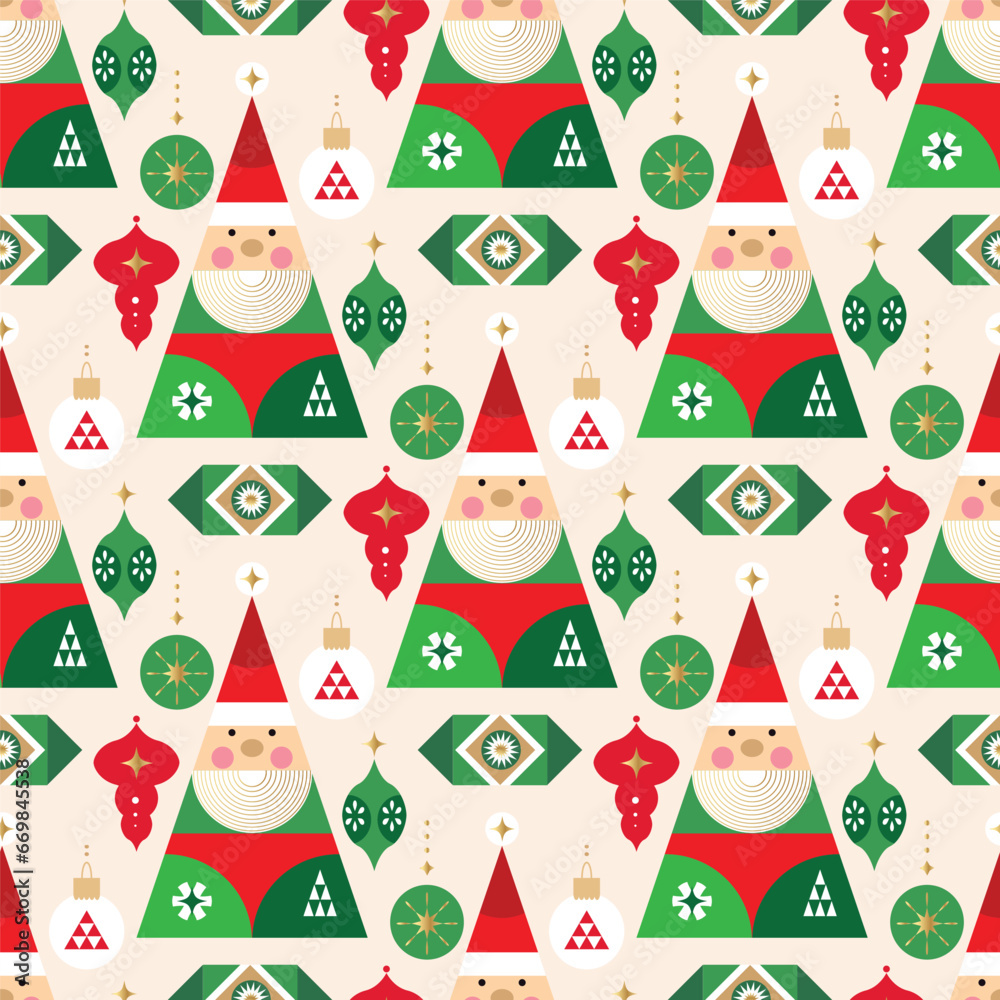 Fototapeta premium Merry Christmas and Happy New Year 2024 holiday template design seamless pattern Gifts, Santa, ball toy, christmas tree, snowflake Modern Xmas flat cartoon vector illustration