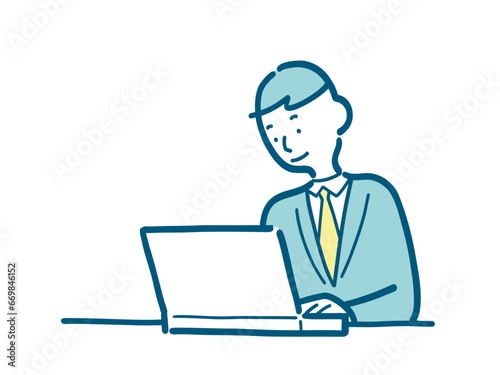 パソコンで快適に仕事をするスーツ姿の若い男性のイラスト © Kikumio