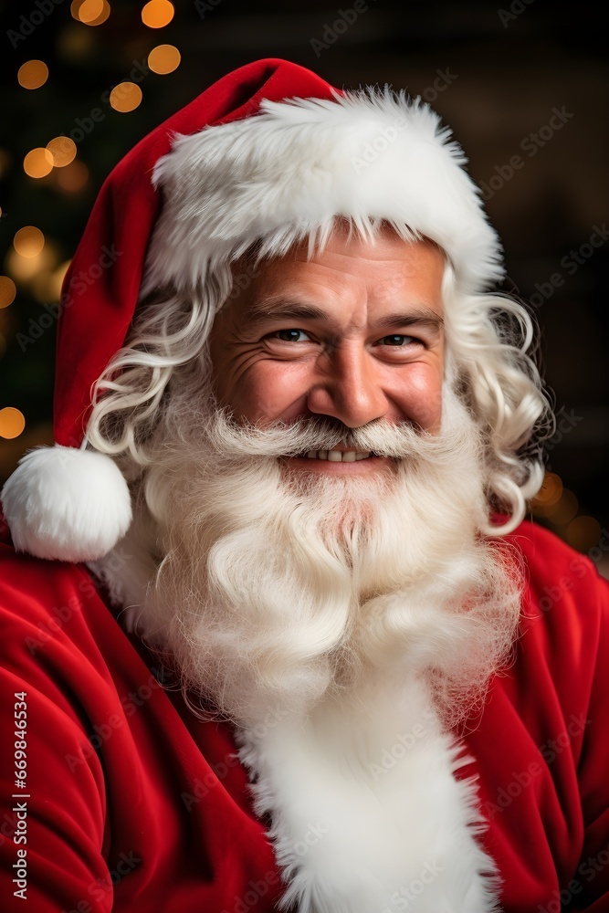 Naklejka premium Santa Claus with white beard Smiling happily wearing a red Santa hat, Christmas bokeh lights background, holiday landscape banner