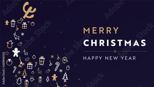 クリスマスをモチーフにしたアイコンで作られたトナカイのクリスマス背景テンプレート（青）　Christmas background template decorated with reindeer made with Christmas motif icons (blue)