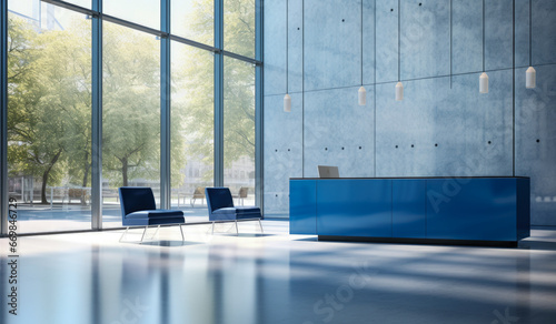 A concrete building reception desk with chairs. photo