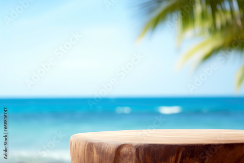Wooden podium top set against a blurred tropical beach backdrop, perfect for display product or montage. High quality photo