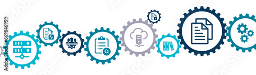 Document management system (DMS) banner vector illustration with the icons of storage, search, manage review process, corporate files, information in enterprise on white background