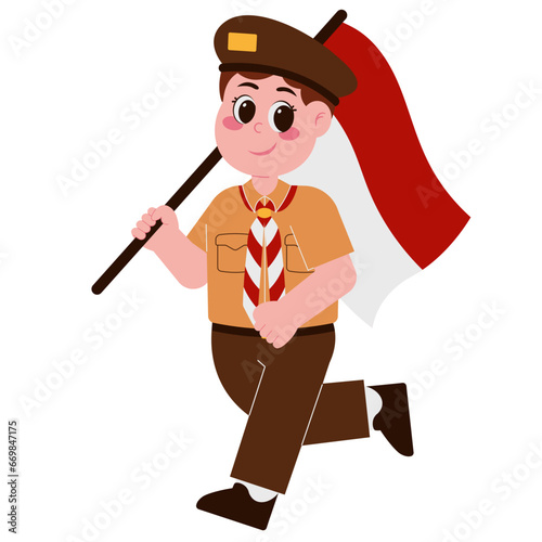 Boy Scout In Uniform With Indonesian Flag Illustration