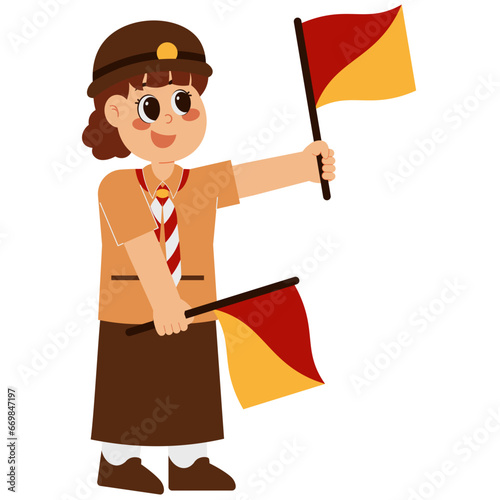 Cute Scout Girl With Semaphore Flag Illustration