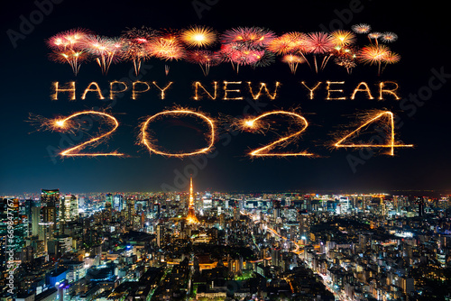 Photography 2024 happy new year fireworks over Tokyo cityscape at night, Japan