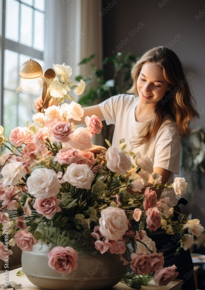 A girl florist with flowers in a flower shop makes a bouquet. Valentine's day concept. generative ai. A girl florist with flowers in a flower shop makes a bouquet. Valentine's day concept. generative ai.