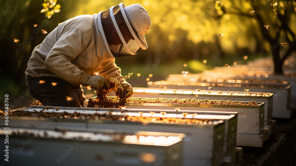Beekeeper working collect honey. Beekeeping concept. Beekeeper working collect honey. Beekeeping concept.