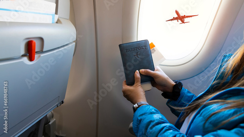 Travel concept with Young hipster tourist with blue passport as backpack in the Airplane room