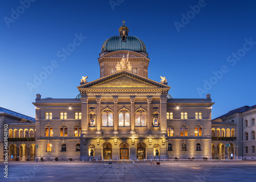 The Swiss Parliament Building at Blue Hour photo
