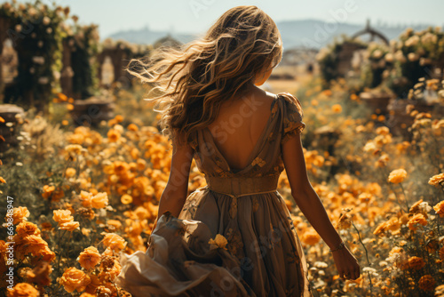 a woman in a dress standing in a field of flowers 