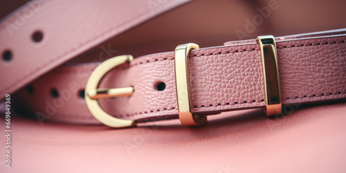Close up elegant pink women's leather belt, Detail of high quality luxury fashion accessories