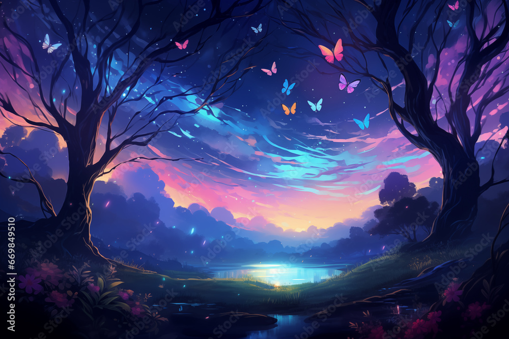 Obraz premium Enchanted Anime Meadow: Glowing Mushrooms, Fairy-Lit Butterflies, Lo-Fi Colors, Anime Fantasy, and Nightly Charm Under the Tree