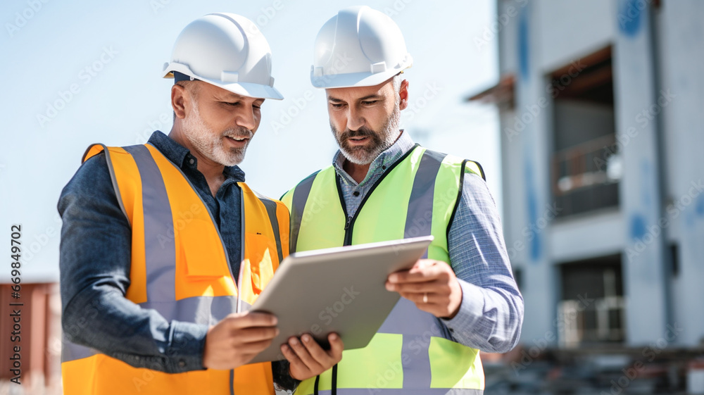 Construction worker engineer architect team at work with tablet pc on major construction site. Group of engineers standing outdoors on construction site, working. Construction worker engineer architect team at work with tablet pc on major construction site. Group of engineers standing outdoors on construction site, working.